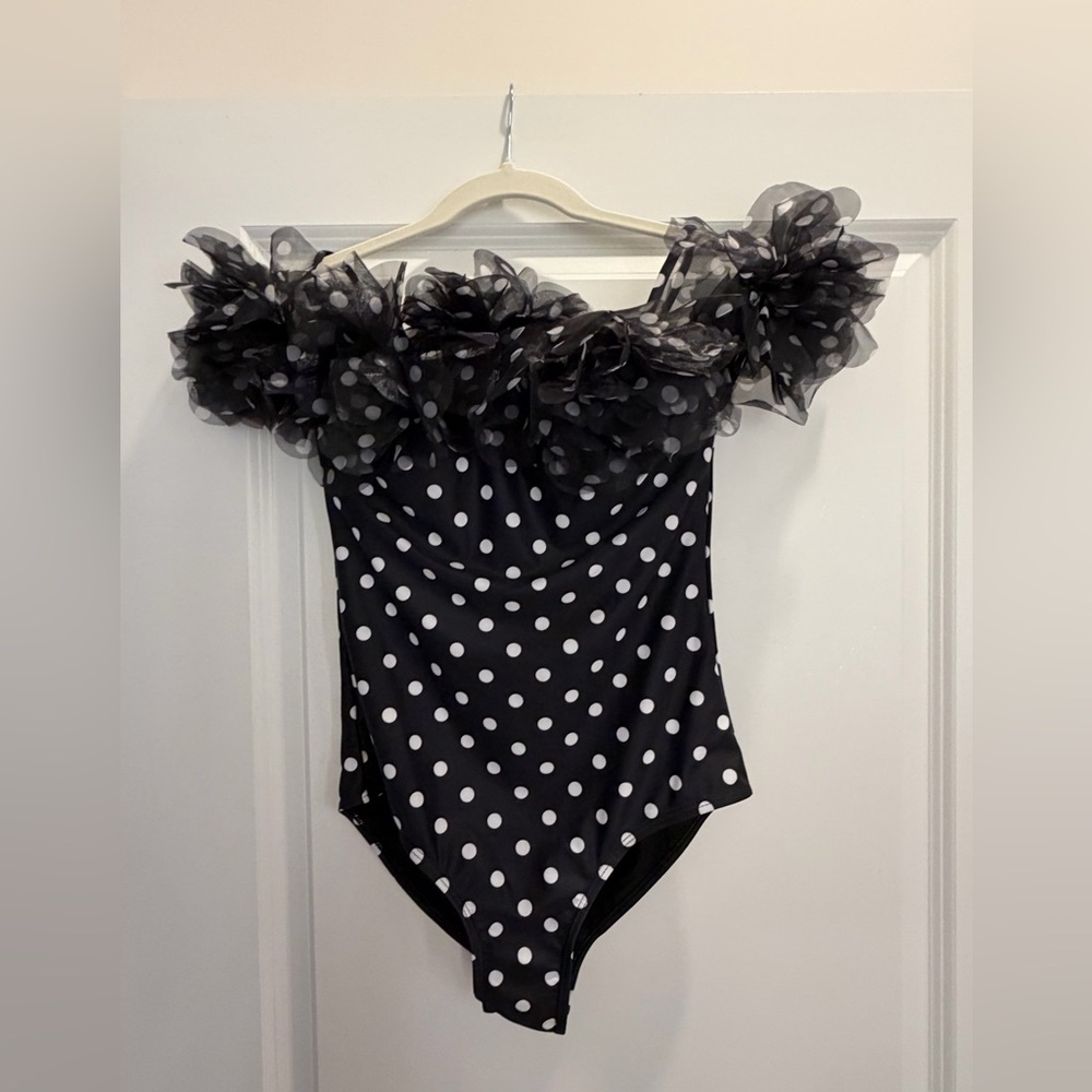 Black Polka Dot One-Piece Swimsuit with Ruffle Off-Shoulder Trim